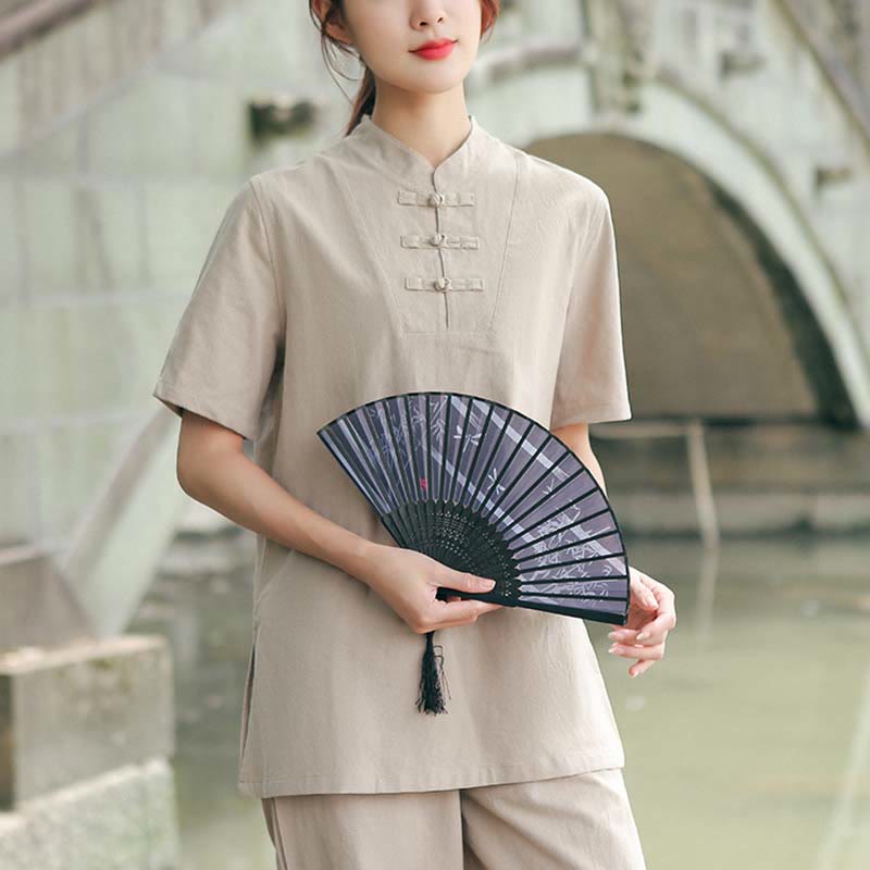 2Pcs Women's Short Sleeve Shirt Top T-Shirt Pants Meditation Zen Tai Chi Cotton Linen Clothing Set