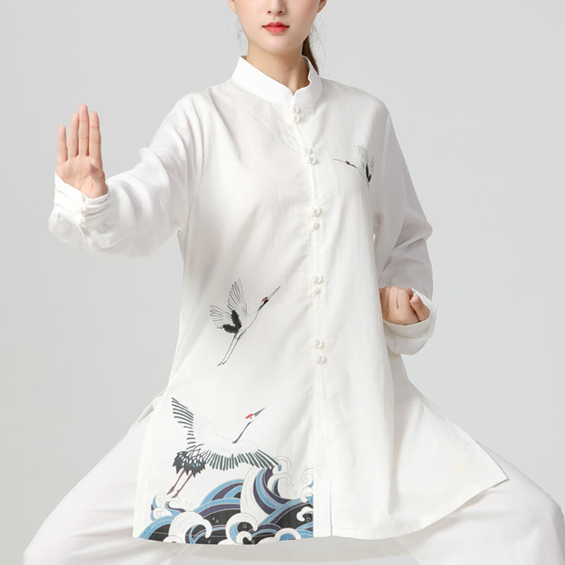White Crane Sea Cotton Linen Meditation Prayer Spiritual Zen Tai Chi Qigong Practice Clothing Set