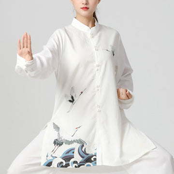 White Crane Sea Cotton Linen Meditation Prayer Spiritual Zen Tai Chi Qigong Practice Clothing Set