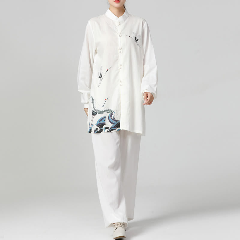 White Crane Sea Cotton Linen Meditation Prayer Spiritual Zen Tai Chi Qigong Practice Clothing Set