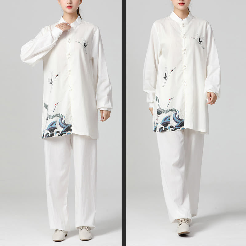 White Crane Sea Cotton Linen Meditation Prayer Spiritual Zen Tai Chi Qigong Practice Clothing Set