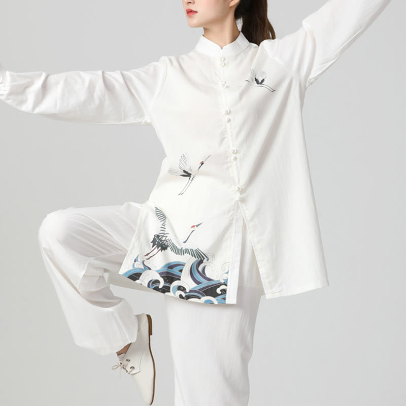 White Crane Sea Cotton Linen Meditation Prayer Spiritual Zen Tai Chi Qigong Practice Clothing Set