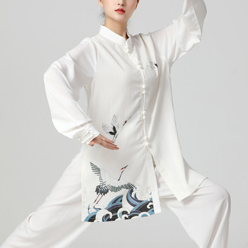 White Crane Sea Cotton Linen Meditation Prayer Spiritual Zen Tai Chi Qigong Practice Clothing Set