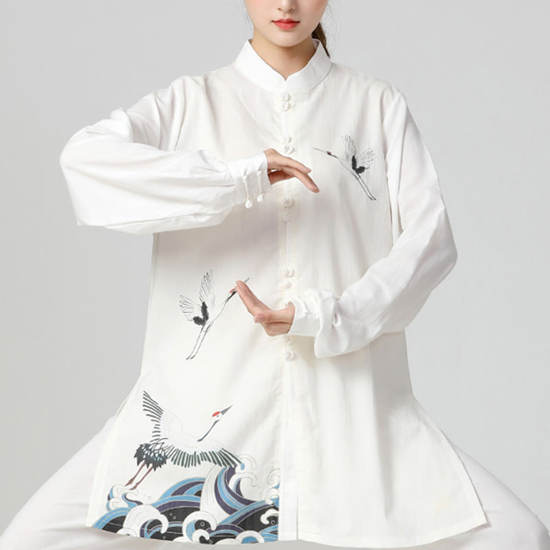 White Crane Sea Cotton Linen Meditation Prayer Spiritual Zen Tai Chi Qigong Practice Clothing Set