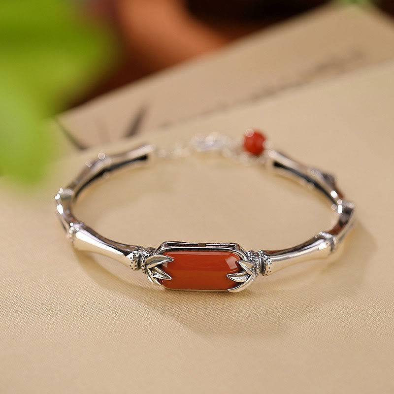 925 Sterling Silver Red Agate Bamboo Pattern Calm Bracelet Ring Jewelry Set (Extra 30% Off | USE CODE: FS30)
