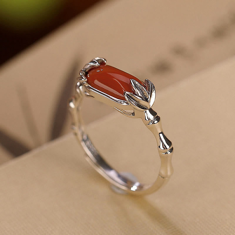 925 Sterling Silver Red Agate Bamboo Pattern Calm Bracelet Ring Jewelry Set (Extra 30% Off | USE CODE: FS30)