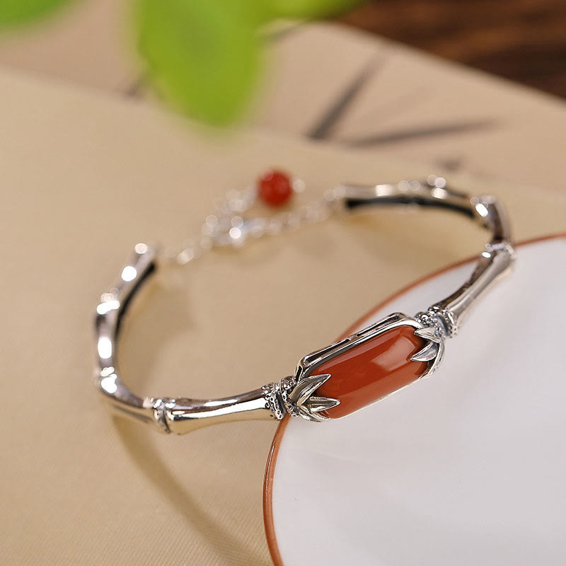 925 Sterling Silver Red Agate Bamboo Pattern Calm Bracelet Ring Jewelry Set (Extra 30% Off | USE CODE: FS30)