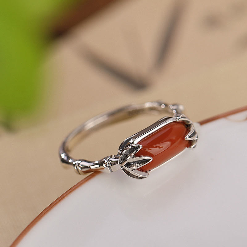 925 Sterling Silver Red Agate Bamboo Pattern Calm Bracelet Ring Jewelry Set (Extra 30% Off | USE CODE: FS30)