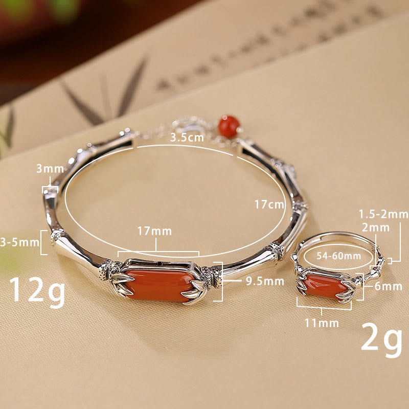 925 Sterling Silver Red Agate Bamboo Pattern Calm Bracelet Ring Jewelry Set (Extra 30% Off | USE CODE: FS30)