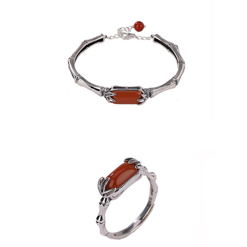 925 Sterling Silver Red Agate Bamboo Pattern Calm Bracelet Ring Jewelry Set (Extra 30% Off | USE CODE: FS30)