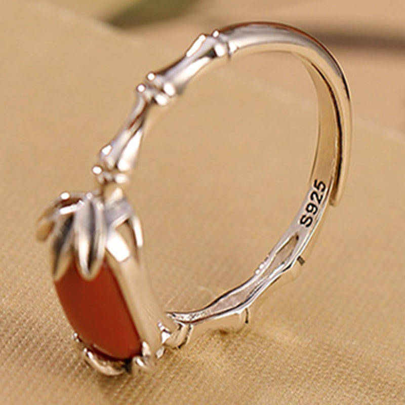 925 Sterling Silver Red Agate Bamboo Pattern Calm Bracelet Ring Jewelry Set (Extra 30% Off | USE CODE: FS30)