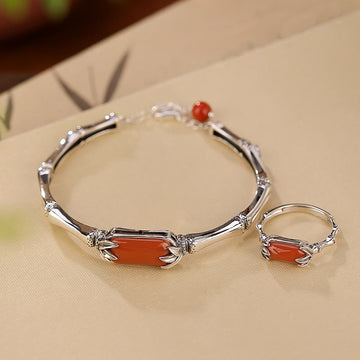 925 Sterling Silver Red Agate Bamboo Pattern Calm Bracelet Ring Jewelry Set (Extra 30% Off | USE CODE: FS30)