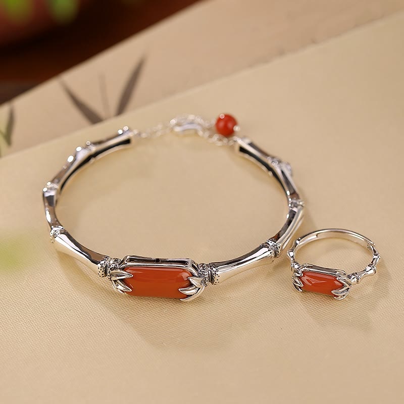 925 Sterling Silver Red Agate Bamboo Pattern Calm Bracelet Ring Jewelry Set (Extra 30% Off | USE CODE: FS30)