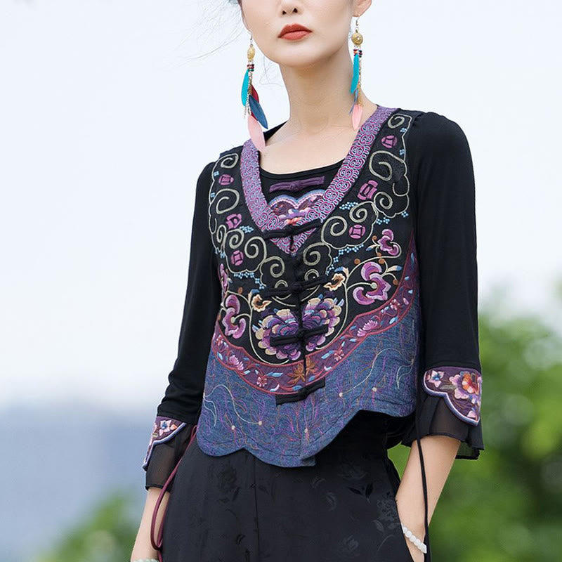 Vintage Frog-Button Embroidery Purple Flower Tang Suit Design Sleeveless Vest (Extra 30% Off | USE CODE: FS30)