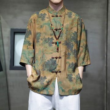 Landscape Chinese Dragon Pattern Chinese Three Quarter Sleeve Shirt Men T-shirt