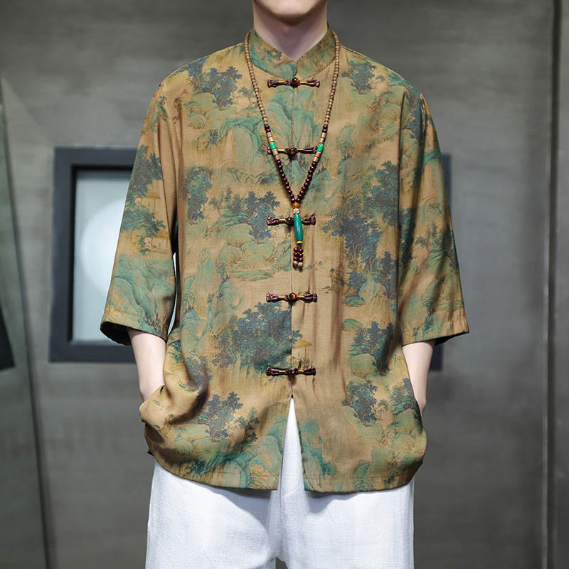Landscape Chinese Dragon Pattern Chinese Three Quarter Sleeve Shirt Men T-shirt