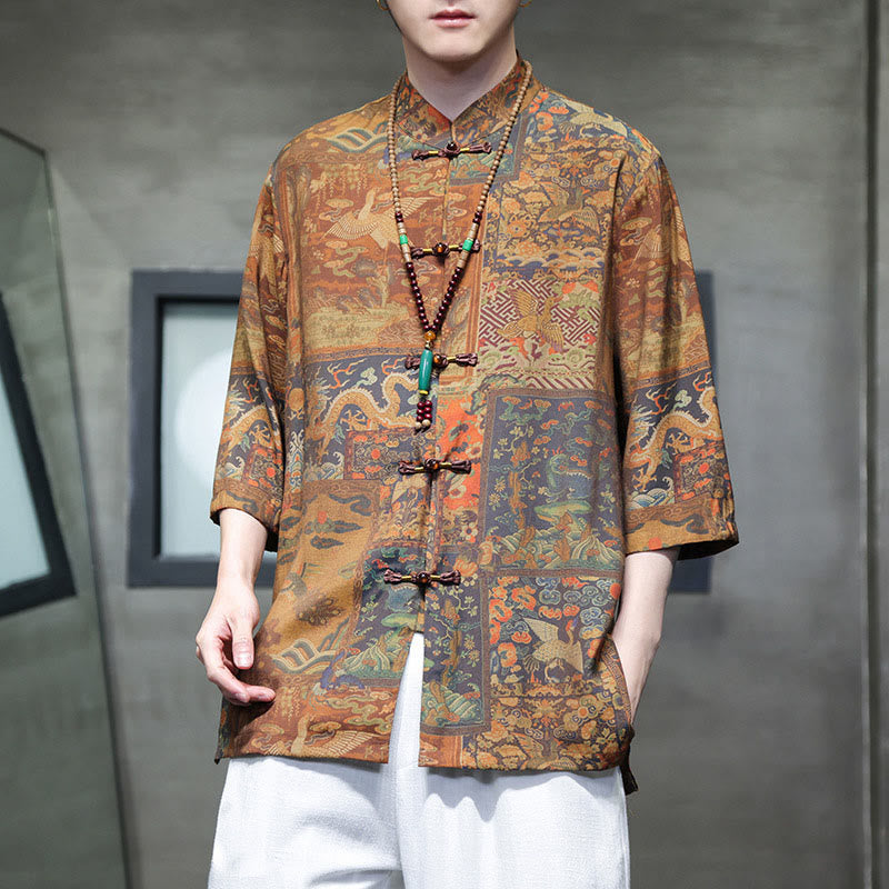 Landscape Chinese Dragon Pattern Chinese Three Quarter Sleeve Shirt Men T-shirt
