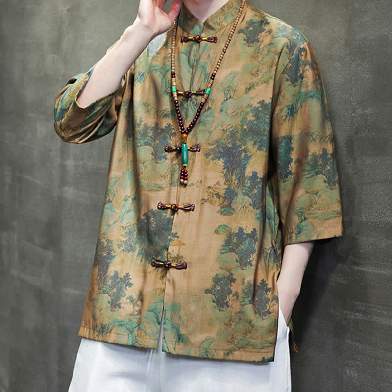 Landscape Chinese Dragon Pattern Chinese Three Quarter Sleeve Shirt Men T-shirt