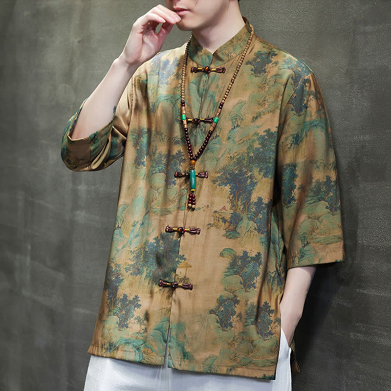 Landscape Chinese Dragon Pattern Chinese Three Quarter Sleeve Shirt Men T-shirt
