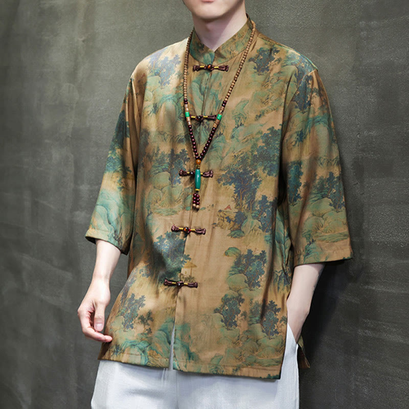 Landscape Chinese Dragon Pattern Chinese Three Quarter Sleeve Shirt Men T-shirt
