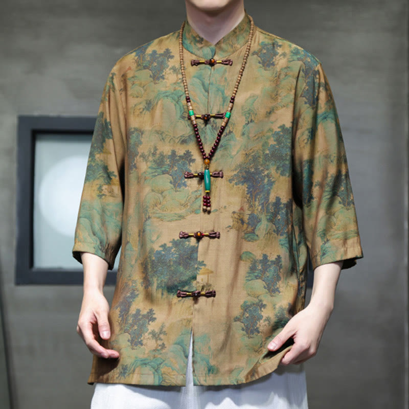 Landscape Chinese Dragon Pattern Chinese Three Quarter Sleeve Shirt Men T-shirt