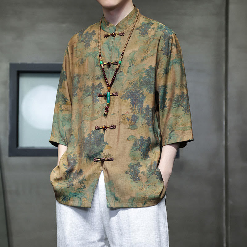 Landscape Chinese Dragon Pattern Chinese Three Quarter Sleeve Shirt Men T-shirt