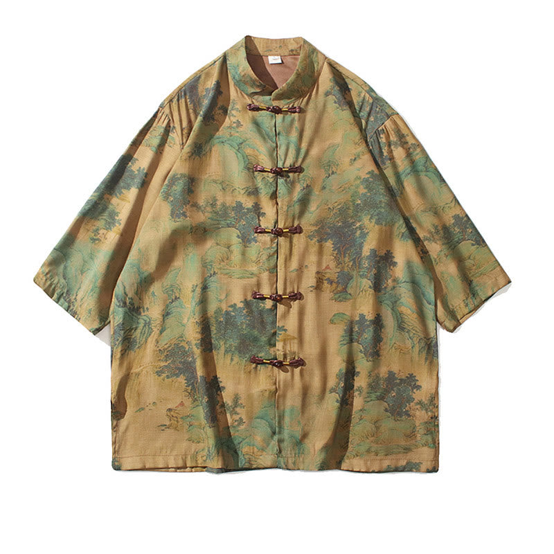 Landscape Chinese Dragon Pattern Chinese Three Quarter Sleeve Shirt Men T-shirt