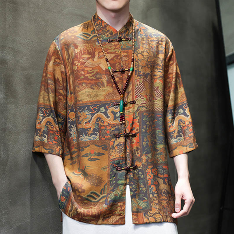 Landscape Chinese Dragon Pattern Chinese Three Quarter Sleeve Shirt Men T-shirt