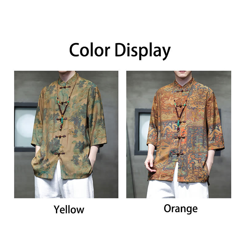 Landscape Chinese Dragon Pattern Chinese Three Quarter Sleeve Shirt Men T-shirt