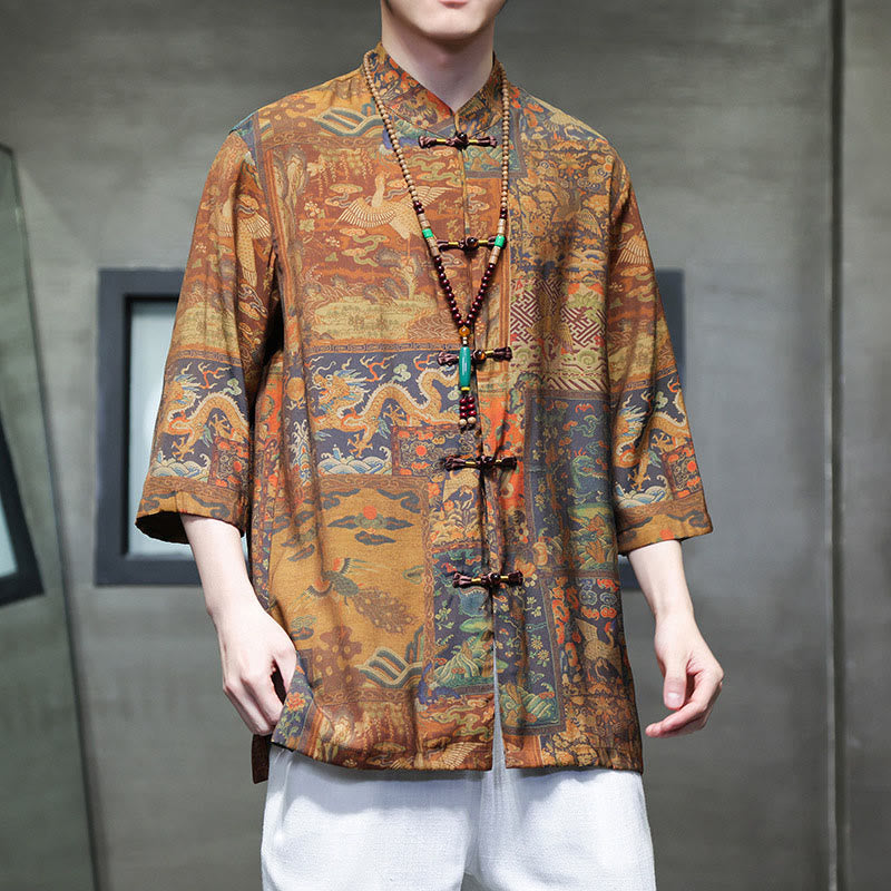 Landscape Chinese Dragon Pattern Chinese Three Quarter Sleeve Shirt Men T-shirt