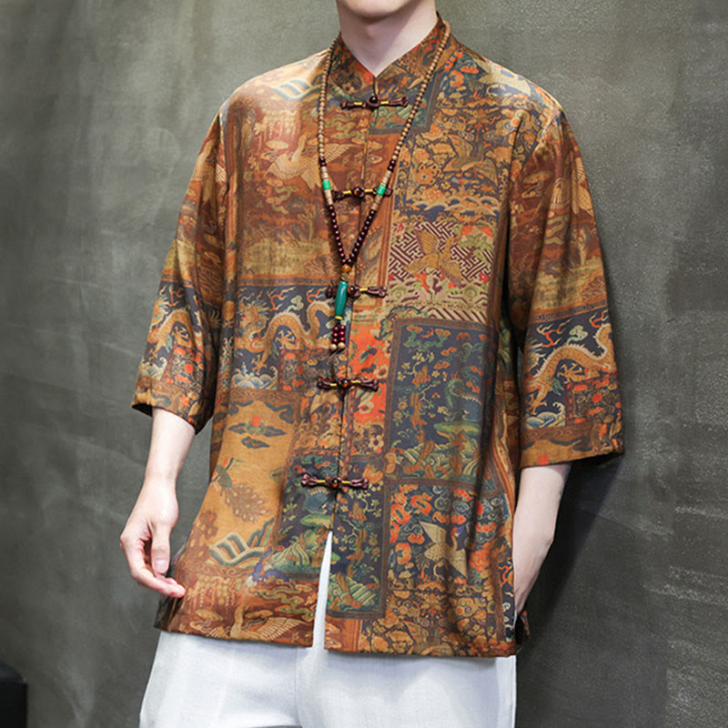 Landscape Chinese Dragon Pattern Chinese Three Quarter Sleeve Shirt Men T-shirt