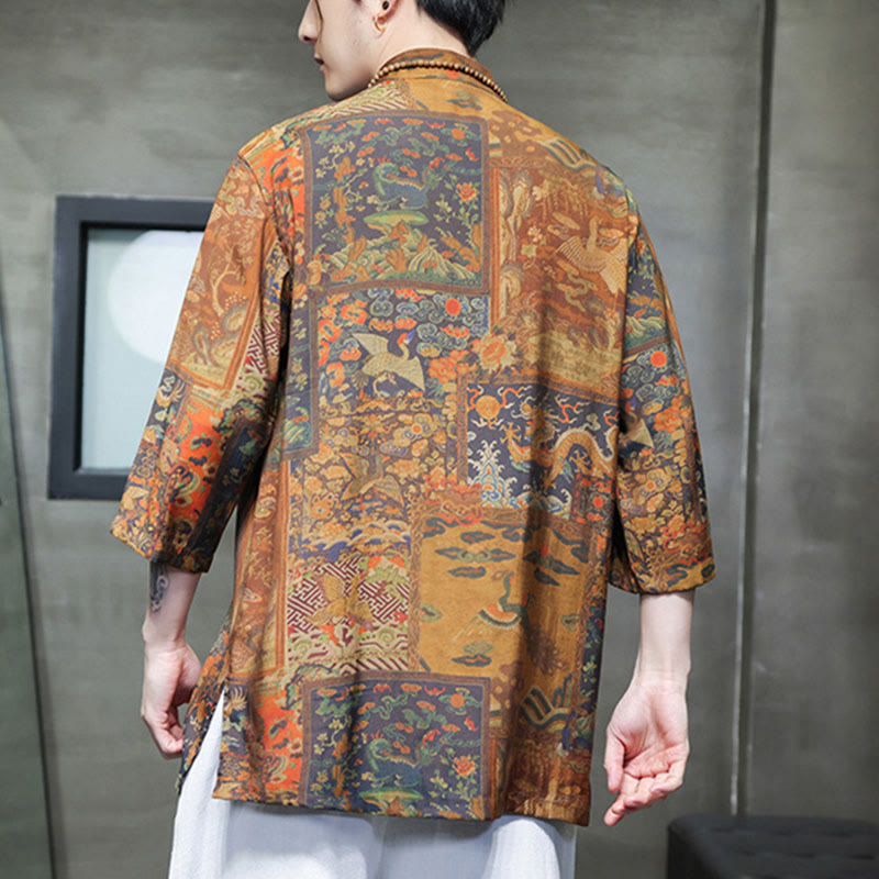 Landscape Chinese Dragon Pattern Chinese Three Quarter Sleeve Shirt Men T-shirt