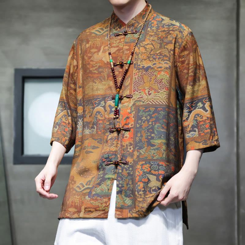Landscape Chinese Dragon Pattern Chinese Three Quarter Sleeve Shirt Men T-shirt