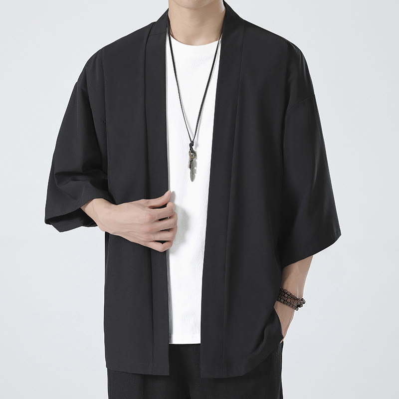 Solid Color Open Front Jacket Men's Kimono