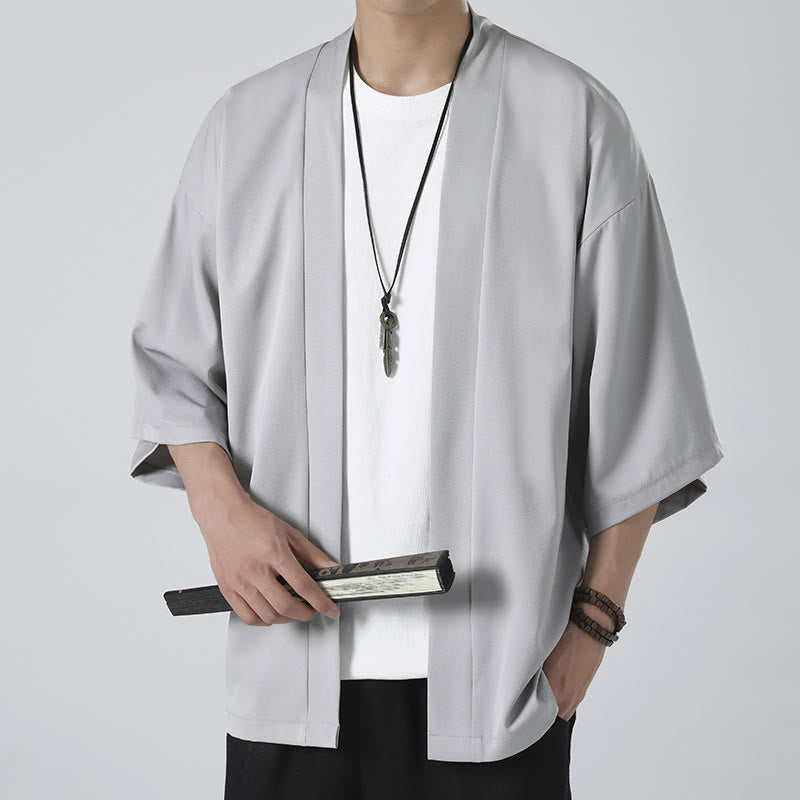 Solid Color Open Front Jacket Men's Kimono