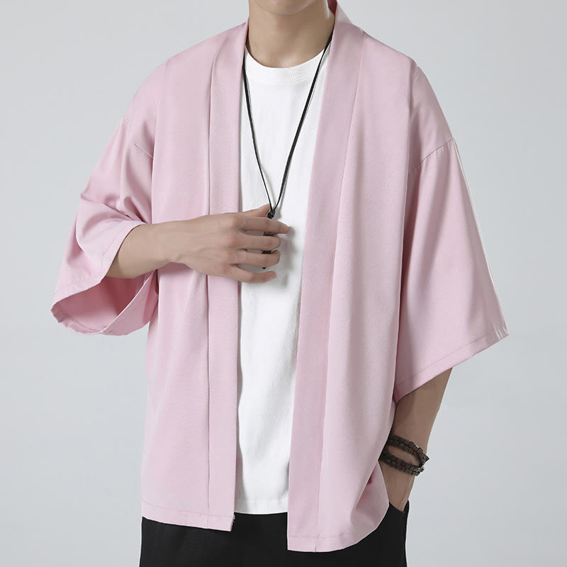 Solid Color Open Front Jacket Men's Kimono