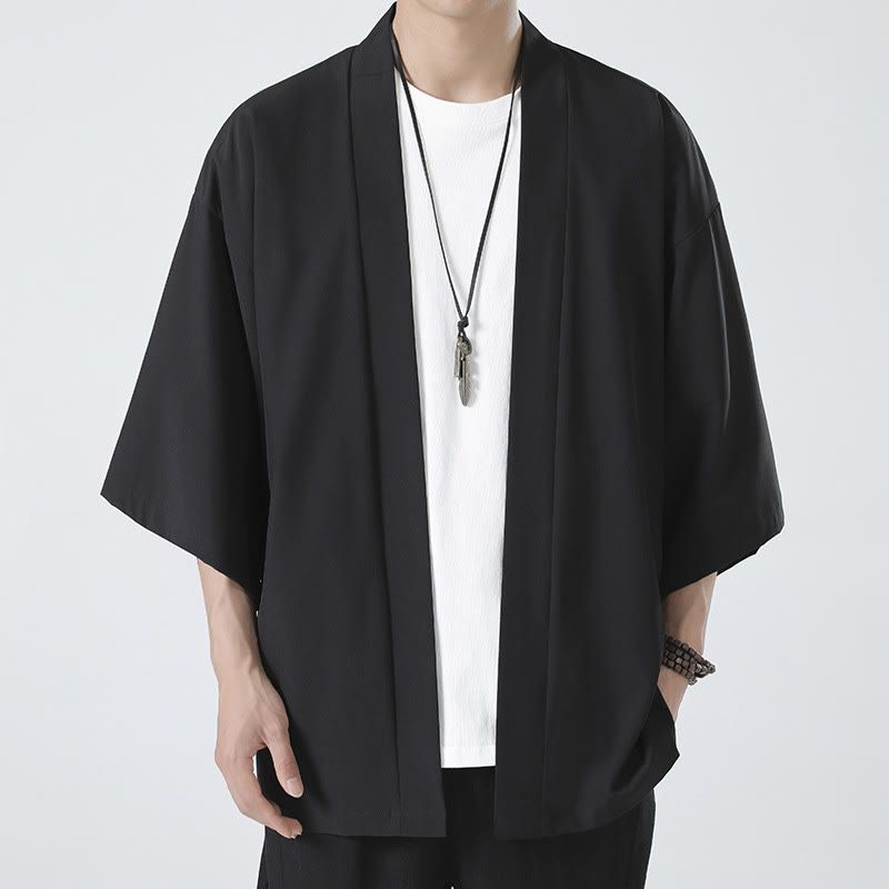 Solid Color Open Front Jacket Men's Kimono
