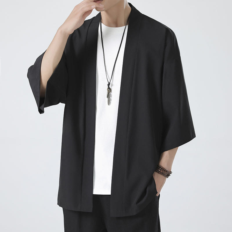Solid Color Open Front Jacket Men's Kimono