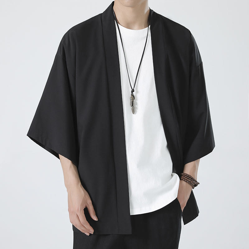 Solid Color Open Front Jacket Men's Kimono