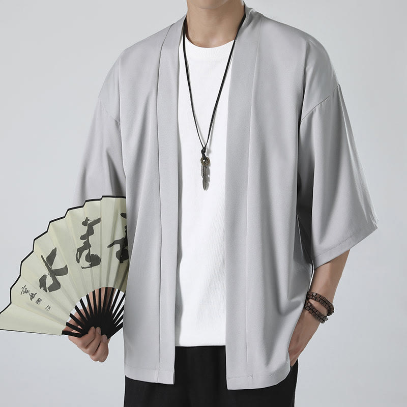 Solid Color Open Front Jacket Men's Kimono