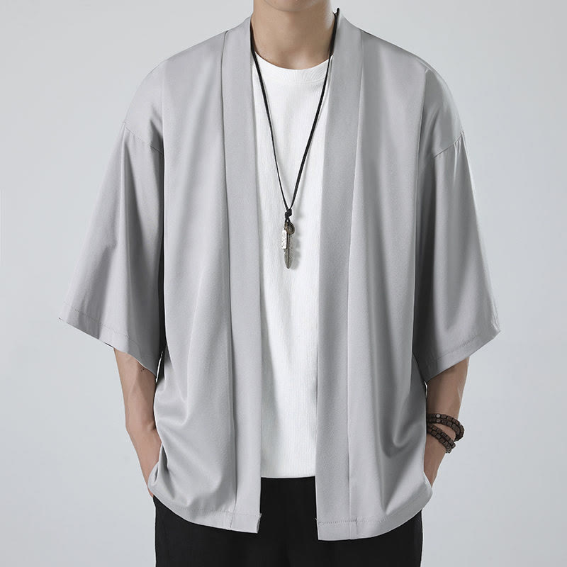 Solid Color Open Front Jacket Men's Kimono