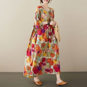 Orange Green Colorful Polka Dots Midi Dress Cotton Half Sleeve Tunic Dress With Pockets