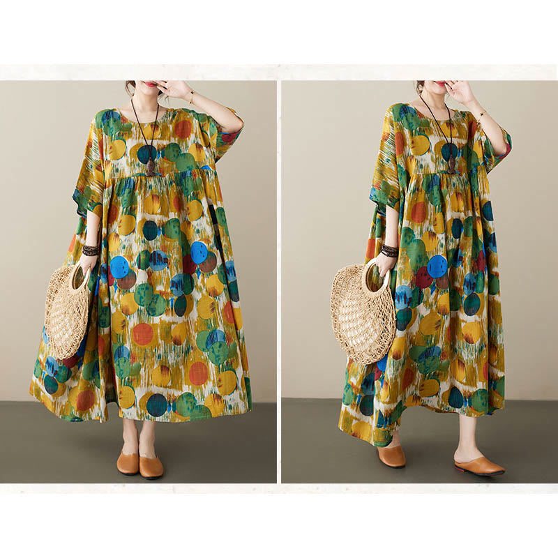 Orange Green Colorful Polka Dots Midi Dress Cotton Half Sleeve Tunic Dress With Pockets