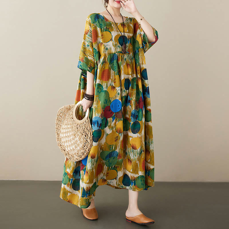 Orange Green Colorful Polka Dots Midi Dress Cotton Half Sleeve Tunic Dress With Pockets