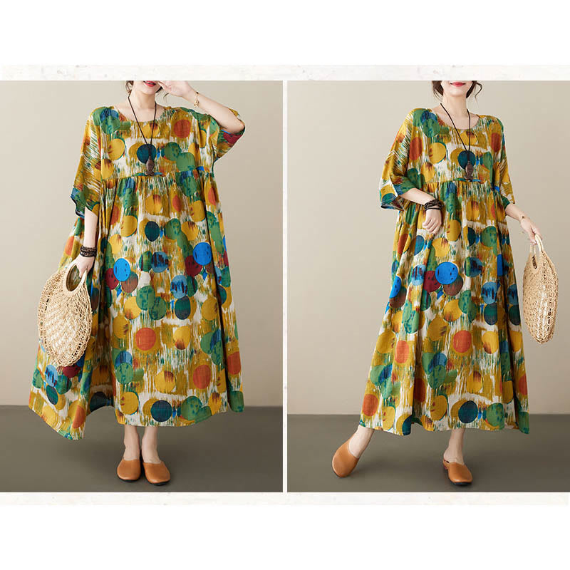 Orange Green Colorful Polka Dots Midi Dress Cotton Half Sleeve Tunic Dress With Pockets