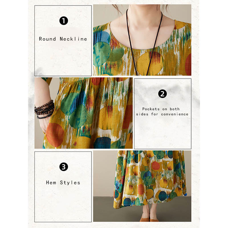 Orange Green Colorful Polka Dots Midi Dress Cotton Half Sleeve Tunic Dress With Pockets