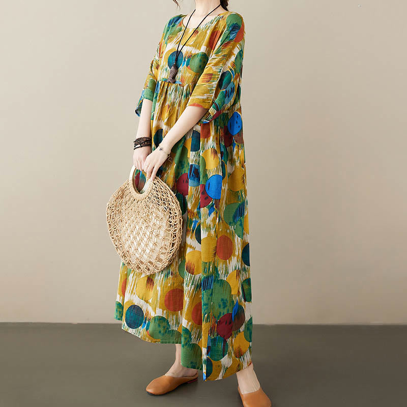 Orange Green Colorful Polka Dots Midi Dress Cotton Half Sleeve Tunic Dress With Pockets