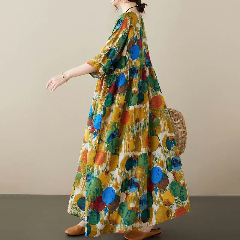 Orange Green Colorful Polka Dots Midi Dress Cotton Half Sleeve Tunic Dress With Pockets