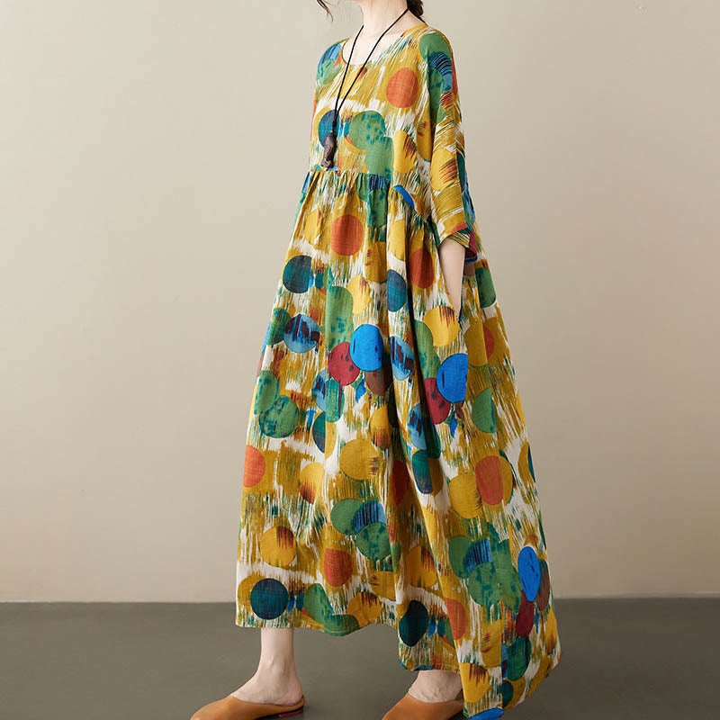 Orange Green Colorful Polka Dots Midi Dress Cotton Half Sleeve Tunic Dress With Pockets