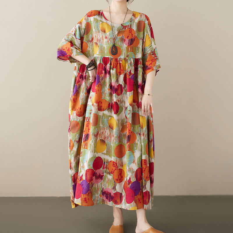 Orange Green Colorful Polka Dots Midi Dress Cotton Half Sleeve Tunic Dress With Pockets